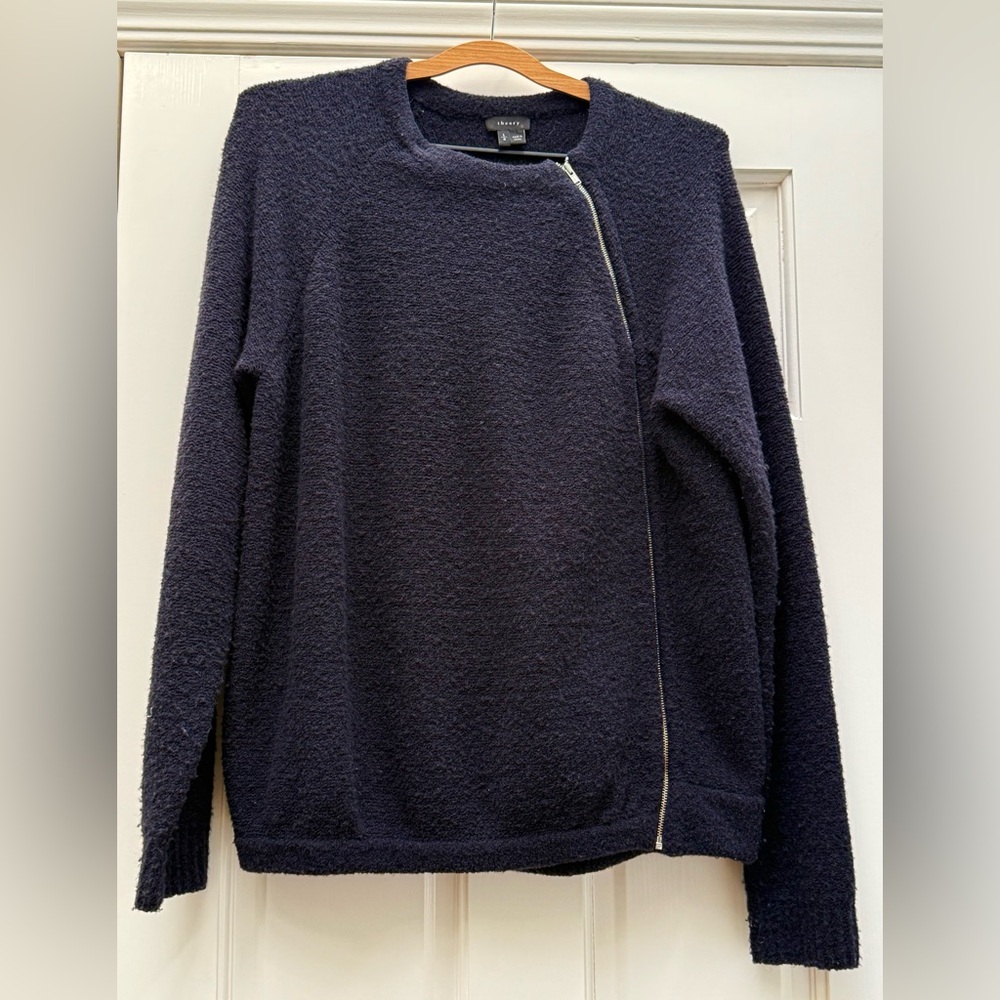 Theory Midnight Textured Boucle Knit SweaterJacket size L   WARM COZY LUXURY